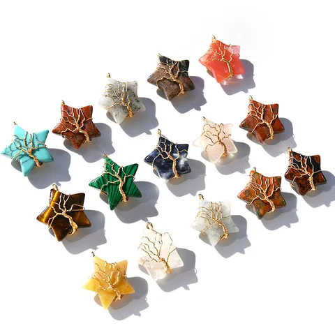 Collana Con Pendente a Stella Pentagramma Avvolto in Filo Di Albero Della Vita In Cristallo Naturale Gioielli Con Pietre Preziose