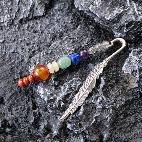 Creative Feather Bookmark With Chakra Crystal Gemstone Beads Metal Book Marker For Office School Reading Gift