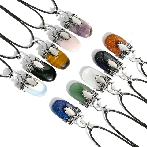 Collana con Ciondolo a Luna in Cristallo Naturale Vintage Ovale Gemma Occhio di Gatto Lega Cordino in Pelle Nera Gioiello Regalo per Donna