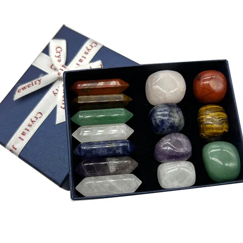 Chakra Pierres de Cristal Naturelles Piliers Hexagonaux Et Pierres Tumblees Irregulieres Guerison Reiki Boite Cadeau Decoration Maison