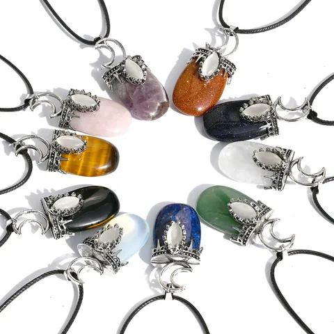 Collana con Ciondolo a Luna in Cristallo Naturale Vintage Ovale Gemma Occhio di Gatto Lega Cordino in Pelle Nera Gioiello Regalo per Donna