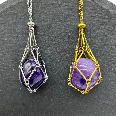 Acciaio Inossidabile Cristallo Naturale Tasca a Rete Pendente Collana Oro Argento Placcato Catena Regolabile Gioielli di Moda Regalo