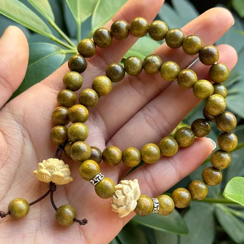 Pulsera de Loto de Madera de Sándalo Verde Pulsera de Cuentas de Madera de Cuentas de Oración Budista Retro para Hombres y Mujeres Joyería de Moda