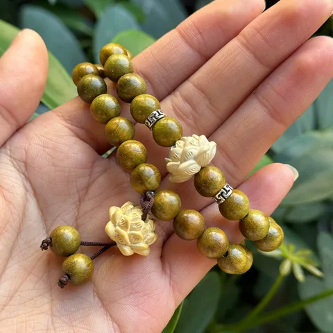 Pulsera de Loto de Madera de Sándalo Verde Pulsera de Cuentas de Madera de Cuentas de Oración Budista Retro para Hombres y Mujeres Joyería de Moda