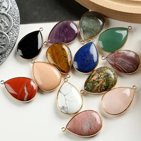 Natural Stone Teardrop Pendant Gold-Plated Edge Gemstone Agate Turquoise Sweater Chain Necklace DIY Jewelry Accessory