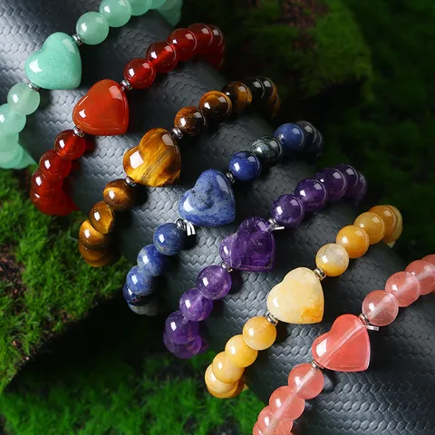 Bracciale di Perle di Cuore in Cristallo Naturale Occhio di Tigre Ossidiana Ametista Moda Bracciali di Perle di Coppia Gioielli in Pietra Naturale
