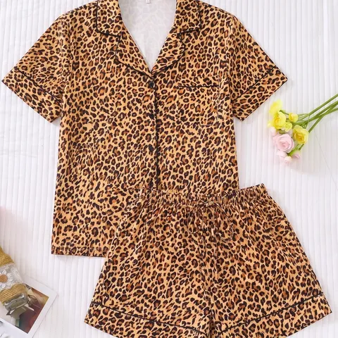 Women's Leopard Print Satin Pajama Top And Bottom Short Sleeve Button Down Shirt With Shorts Loungewear Sleepwear Pajamas