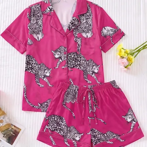 Women's Leopard Print Satin Pajama Top And Bottom Short Sleeve Button Down Shirt With Shorts Loungewear Sleepwear Pajamas