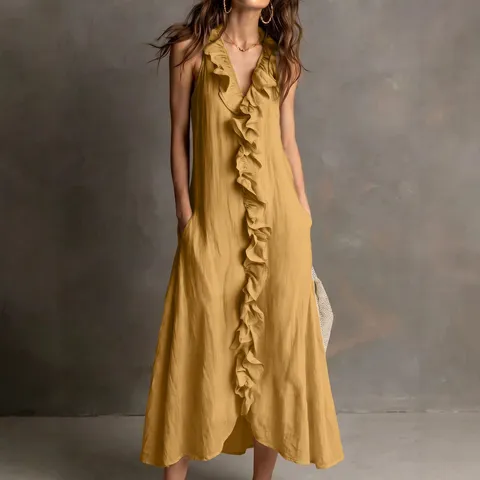 French Vintage Women Cotton Linen Sleeveless V-Neck Maxi Dress Solid Color Ruffle Large Swing Loose Casual Beach Dress With Pockets