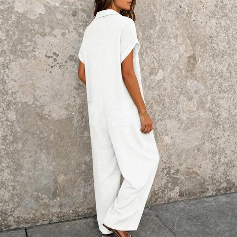 Combinaison Femme Manches Courtes Boutonnée Couleur Unie Décontractée Large Jambe Large Romper Tissé Bureau Navette Streetwear Tenue