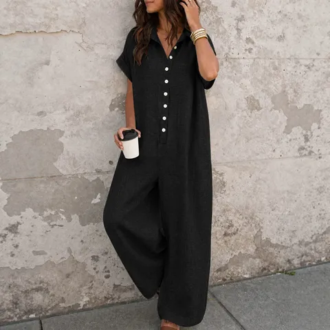 Combinaison Femme Manches Courtes Boutonnée Couleur Unie Décontractée Large Jambe Large Romper Tissé Bureau Navette Streetwear Tenue