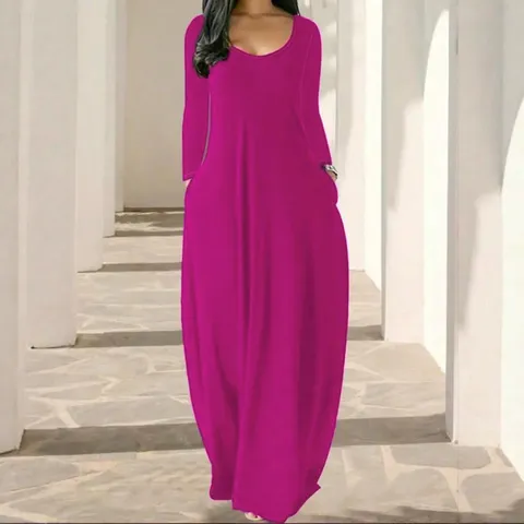 Robe Longue Femme Col U Manches Longues Avec Poches Décontractée Ample Couleur Unie Imprimé Léopard Robe en Polyester Tricoté