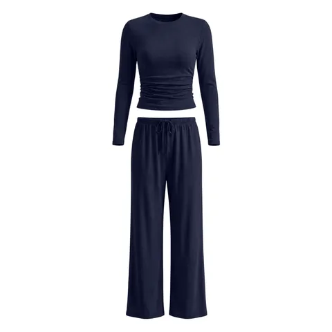 Women Casual Solid Long Sleeve Top And Bottom Wide Leg Pants Relaxed Fit Two Piece Outfit Soft Milk Silk Lounge Wear Set