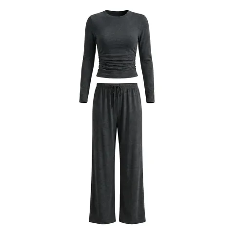 Women Casual Solid Long Sleeve Top And Bottom Wide Leg Pants Relaxed Fit Two Piece Outfit Soft Milk Silk Lounge Wear Set