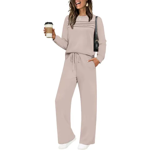 Women Top And Bottom Outfit Long Sleeve Crew Neck Knitted Solid Color Casual Tracksuit Two Piece Loungewear For Autumn Winter