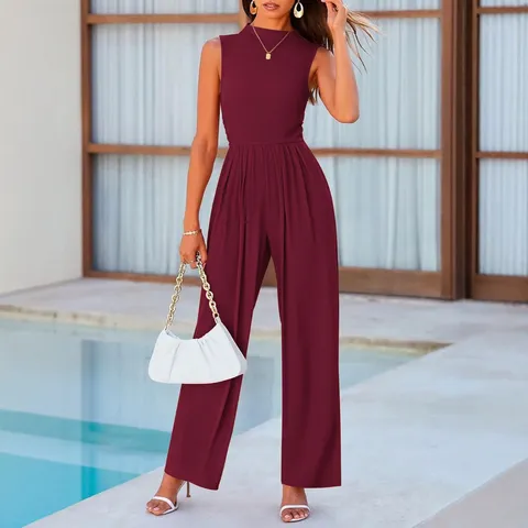 Women's Sleeveless Wide Leg Jumpsuit Knitted Ribbed Solid Color One Piece Romper Mock Neck For Daily Vacation Elegant Style