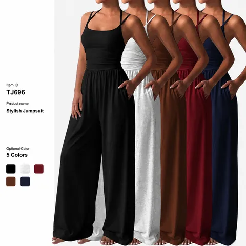 Women Summer Strappy Jumpsuit Casual Sleeveless Wide Leg Jumpsuits For Women Solid Color Strapless High Waist Romper Jumpsuit Beach Fashion Apparel