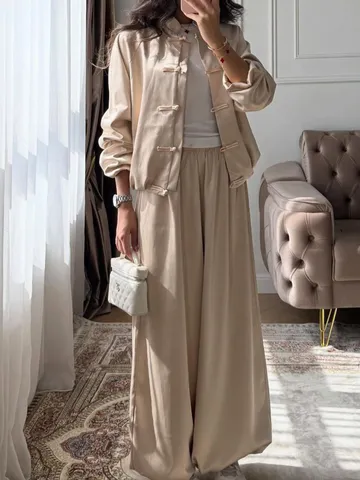Damen Chinesischer Stil Satin Top Und Bottom Weites Bein Hose Stehkragen Froschknopf Hemd Elegant Pendeln Lässig Loungewear Outfit