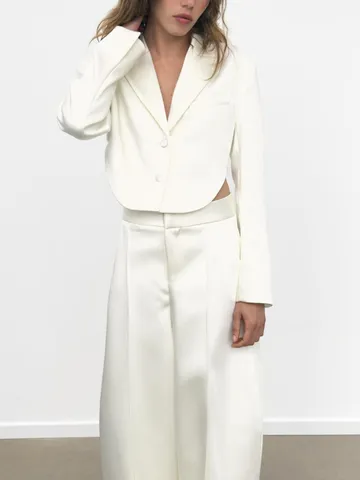 Damen Revers Langarm Rückenfrei Blazer Und Hohe Taille Weites Bein Hose Top Und Bottom Einfarbig Büro Dame Casual Kleidung
