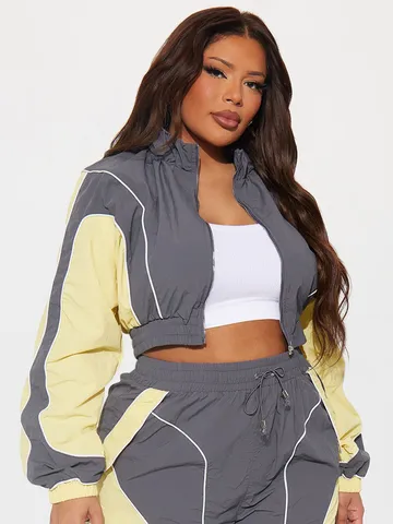 Damen Amerikanischer Vintage Sportlich Trainingsanzug Farbblock Kurz Stehkragen Reißverschluss Windjacke Und Weite Hose Oberteil Und Hose