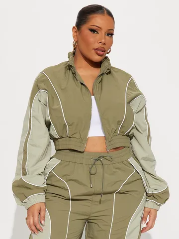 Damen Amerikanischer Vintage Sportlich Trainingsanzug Farbblock Kurz Stehkragen Reißverschluss Windjacke Und Weite Hose Oberteil Und Hose