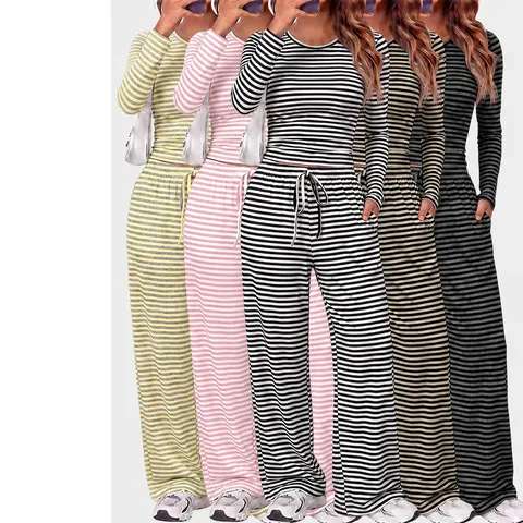 Women Casual Top And Bottom Round Neck Long Sleeve Pullover Wide Leg Pants Ribbed Knit Striped Solid Loungewear Outfit Sweatsuit With Pockets
