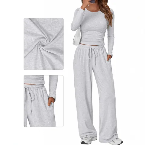 Women Casual Top And Bottom Round Neck Long Sleeve Pullover Wide Leg Pants Ribbed Knit Striped Solid Loungewear Outfit Sweatsuit With Pockets
