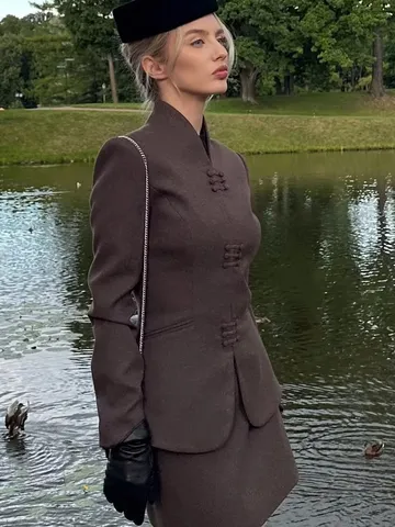 Damen Retro Stehkragen Blazer Top And Bottom Gestricktes Polyester Tailliert Minirock Pendeln Elegantes Herbst Outfit