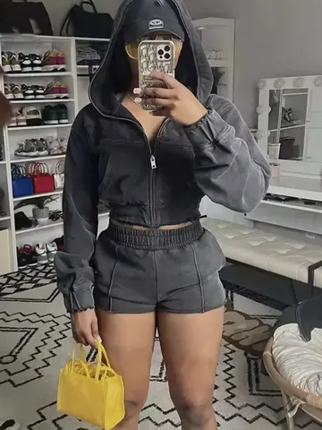 Damen Amerikanisches Retro Gewaschenes Kapuzen-Reißverschluss Sweatshirt Und Shorts Zweiteiler Vintage Acid Wash Loungewear Sportliches Outfit