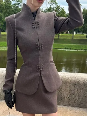 Damen Retro Stehkragen Blazer Top And Bottom Gestricktes Polyester Tailliert Minirock Pendeln Elegantes Herbst Outfit