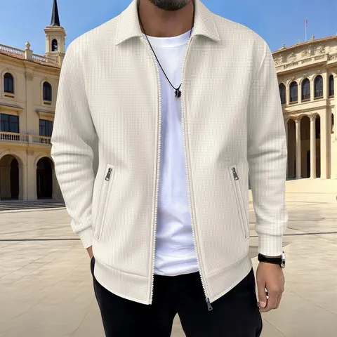 Herren Casual Waffelstruktur Jacke Mit Durchgehendem Reißverschluss Mode Revers Langarm Einfarbig Top Mit Seitlichen Reißverschlusstaschen