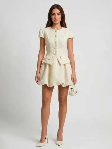 Elegantes Elfenbeinsweißes Tweed-Kleid Für Damen Rundhals Kurzarm Gefälschtes Zweiteiliges Slim Fit Schößchen-Saum Socialite-Stil Minikleid