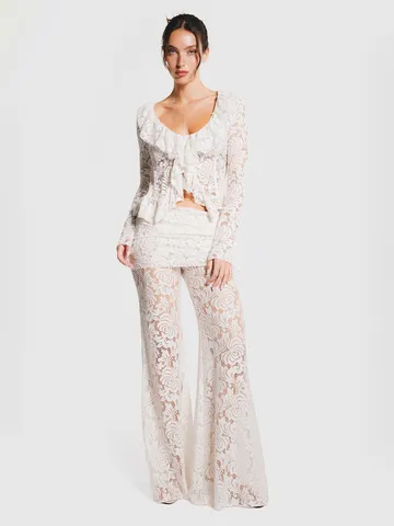 Damen Spitze Rüschen V-Ausschnitt Bindeband Langarm Crop Top Und Weite Hose Top Und Bottom Resort Stil Freizeitoutfit