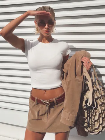 Amerikanisches Retro Wildleder Stehkragen Reißverschluss Kurzjacke Und Hohe Taille A-Linie Rock Zweiteiliges Set Damenbekleidung