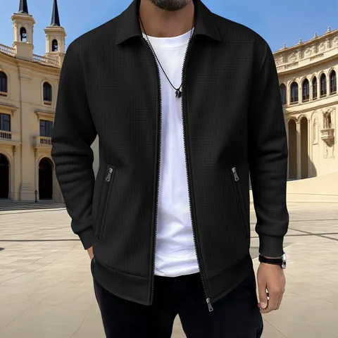 Herren Casual Waffelstruktur Jacke Mit Durchgehendem Reißverschluss Mode Revers Langarm Einfarbig Top Mit Seitlichen Reißverschlusstaschen