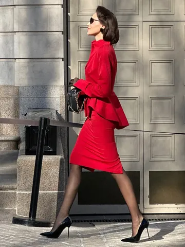 Französischer Stil Stehkragen Hohl Einreihig Schößchen Blazer Und Midirock Oberteil Und Unterteil Eleganter Damen Outfit