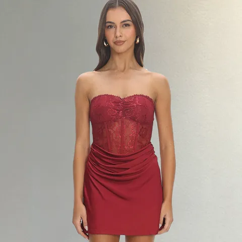 Women's Sexy Off Shoulder Sleeveless Lace Patchwork Boned Corset Bodycon Mini Dress Wine Red