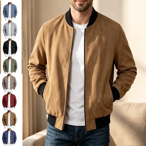 Heren Casual Suèdine Bomberjack Opstaande Kraag Volledige Rits Lange Mouwen Effen Kleur Bovenkleding Voor Herfst Lente