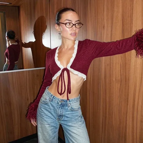 Top Cárdigan Sexy con Lazo Delantero para Mujer Borde de Encaje Manga Larga Puños de Pelo Camiseta de Punto Ajustada