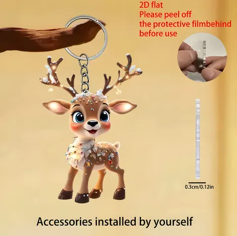 Christmas Elk Acrylic Keychain Cartoon Reindeer Backpack Pendant Flat Printed Animal Key Ring For Holiday Party Decoration Gifts