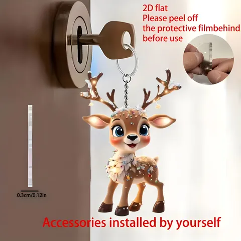 Christmas Elk Acrylic Keychain Cartoon Reindeer Backpack Pendant Flat Printed Animal Key Ring For Holiday Party Decoration Gifts