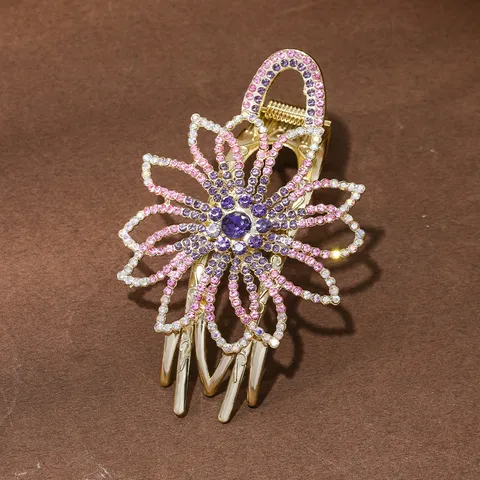 Luxury Rhinestone Large Flower Alloy Hair Claw Clip Sparkling Crystal Artificial Pearl Hair Accessories For Women Back Of Head Hair Styling