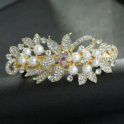 Metal Alloy Artificial Pearl Rhinestone Spring Hair Clip Elegant Flower Leaf Hair Accessory For Women Daily Styling