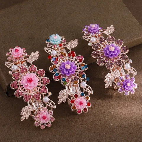 Elegant Floral Rhinestone Spring Hair Clip Alloy Crystal Ponytail Holder Hair Accessory For Women