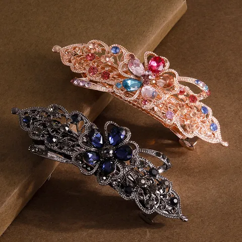 Vintage Rhinestone Floral Spring Hair Clip Alloy Metal Barrette For Women Elegant Hair Styling Accessories