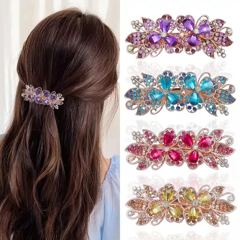 Women Retro Rhinestone Hair Clip Alloy Floral Spring Barrette Sparkling Crystal Hair Accessories For Daily Party Jewelry