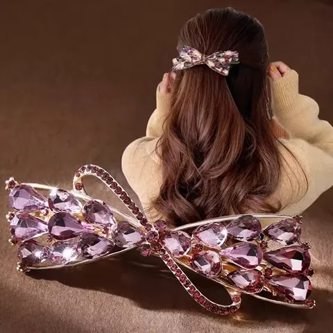 Korean Rhinestone Bow Hair Clip Elegant Alloy Metal Spring Clip Hair Accessories For Women Party Hair Styling