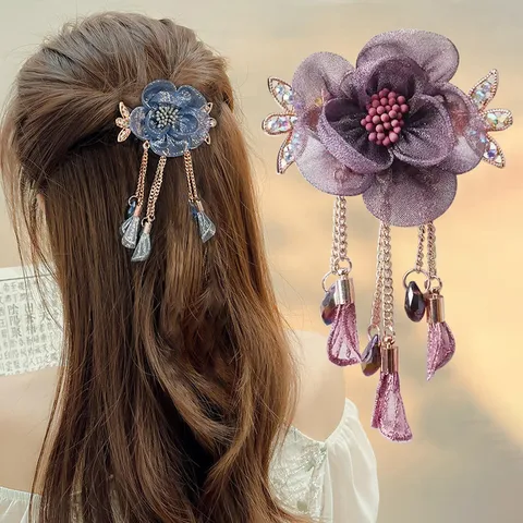 Vintage Floral Tassel Hair Clip Mesh Fabric Rhinestone Spring Hairpin Elegant Ponytail Hair Accessories For Women