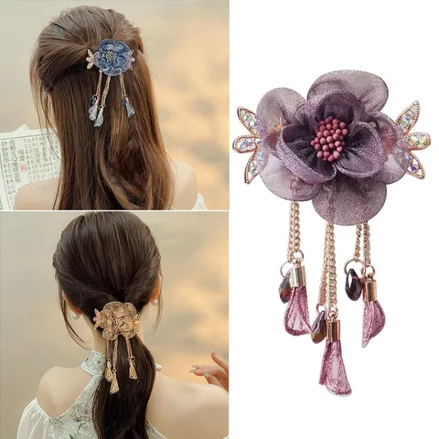 Vintage Floral Tassel Hair Clip Mesh Fabric Rhinestone Spring Hairpin Elegant Ponytail Hair Accessories For Women