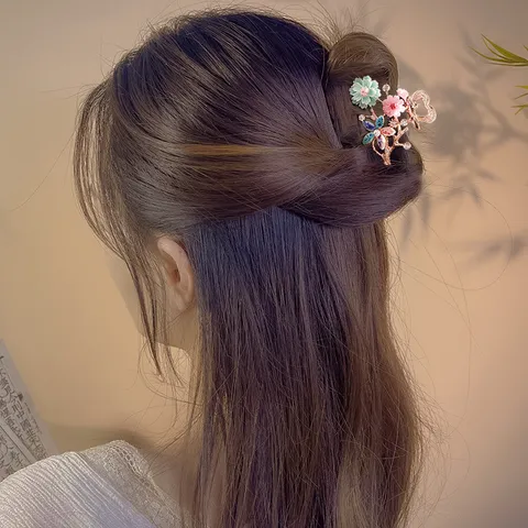 Korean Fashion Alloy Crystal Floral Hair Claw Clip Rhinestone Small Hair Catch Pin Women Elegant Hair Accessories